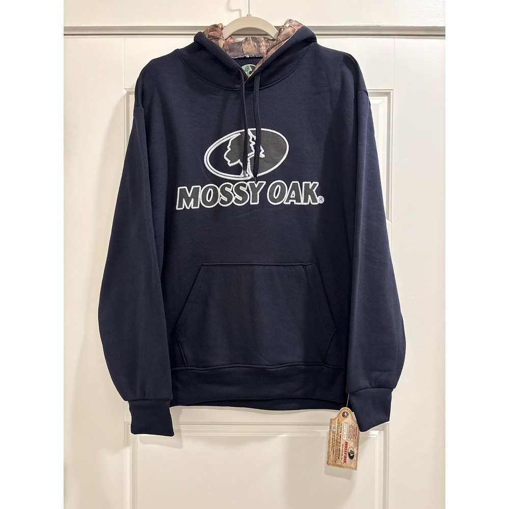 Mossy Oak Mens Navy Blue Camo Lined Hooded Sweatshirt Logo Pullover Medium